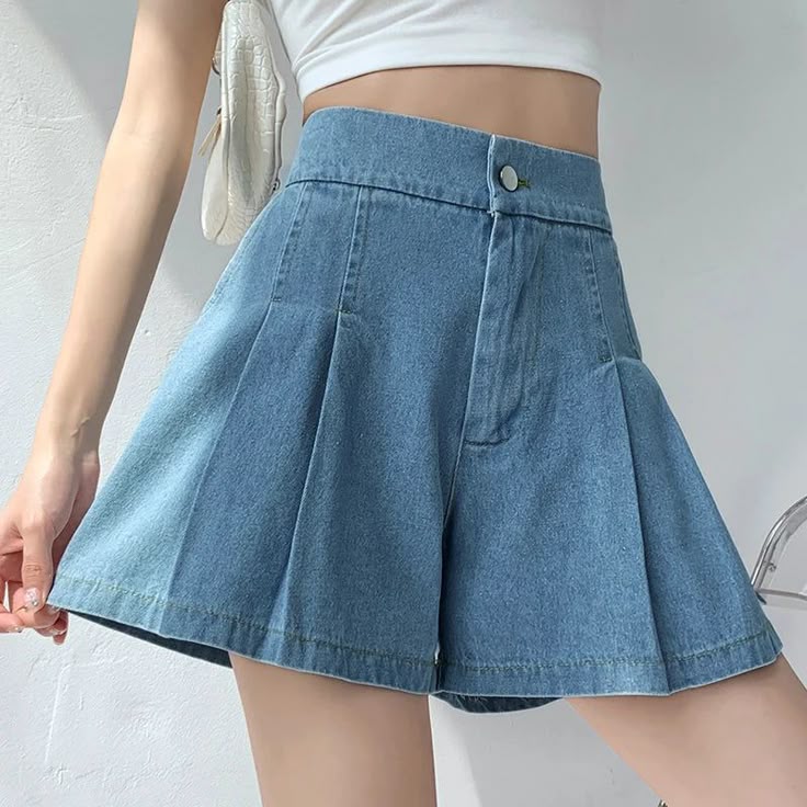 Pleated Denim Shorts